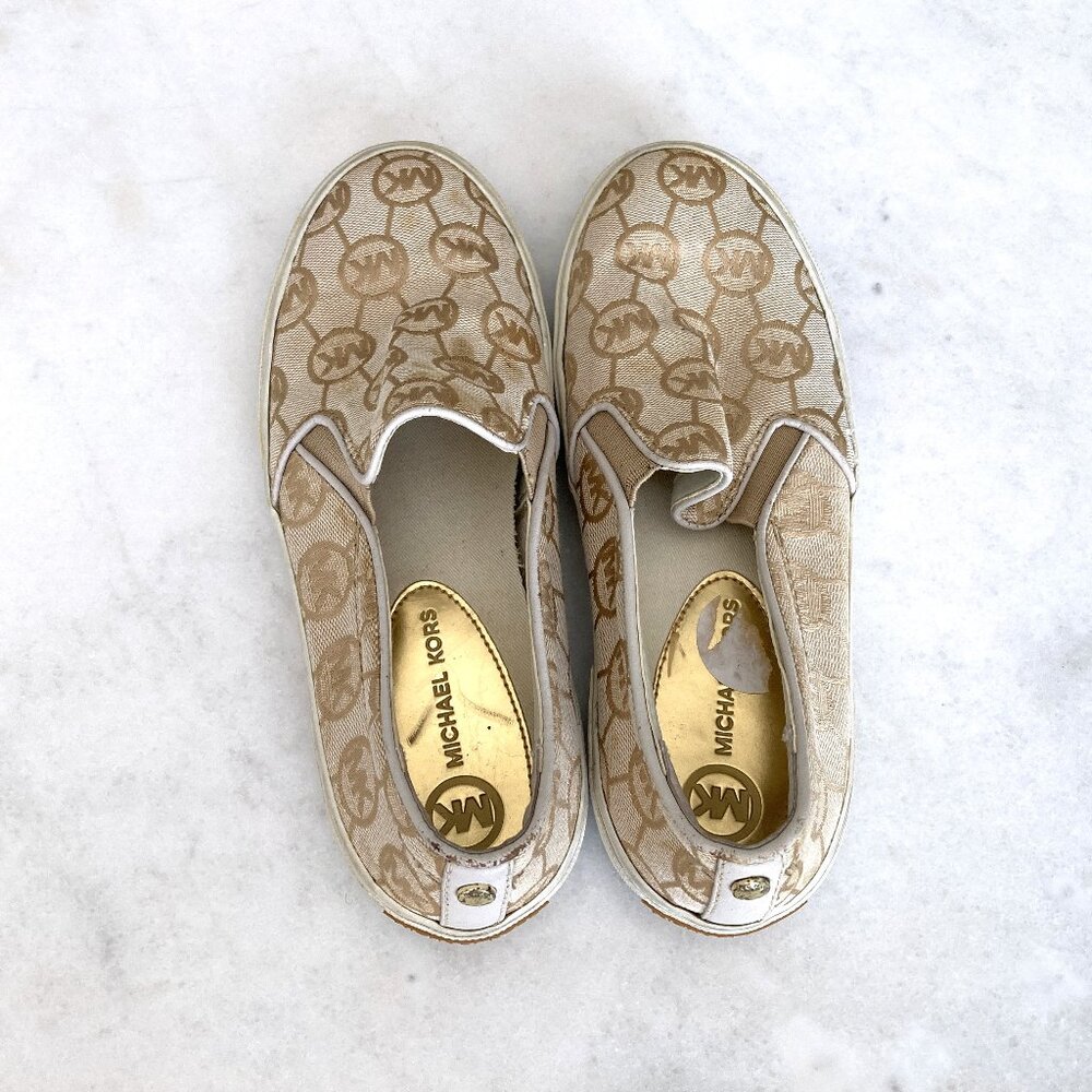 Michael Kors logo slip on sneaker / canvas shoe (tan beige cream white) print